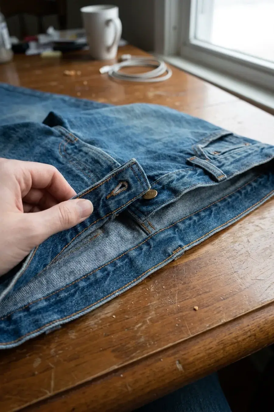 Nærbillede af denimlinning med metalknap og syninger