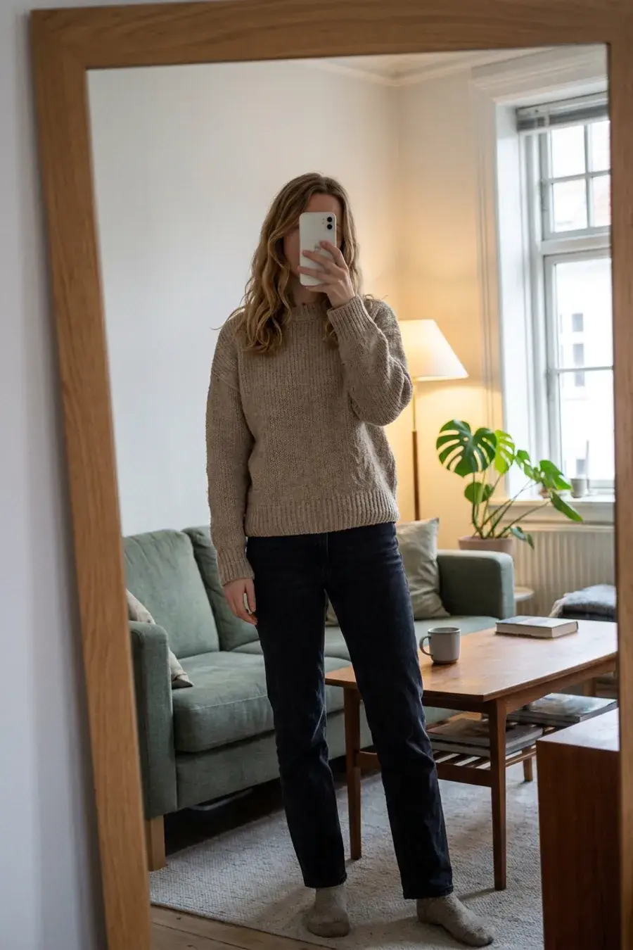 Spejlselfie i stue: beige chunky striktrøje og mørke jeans